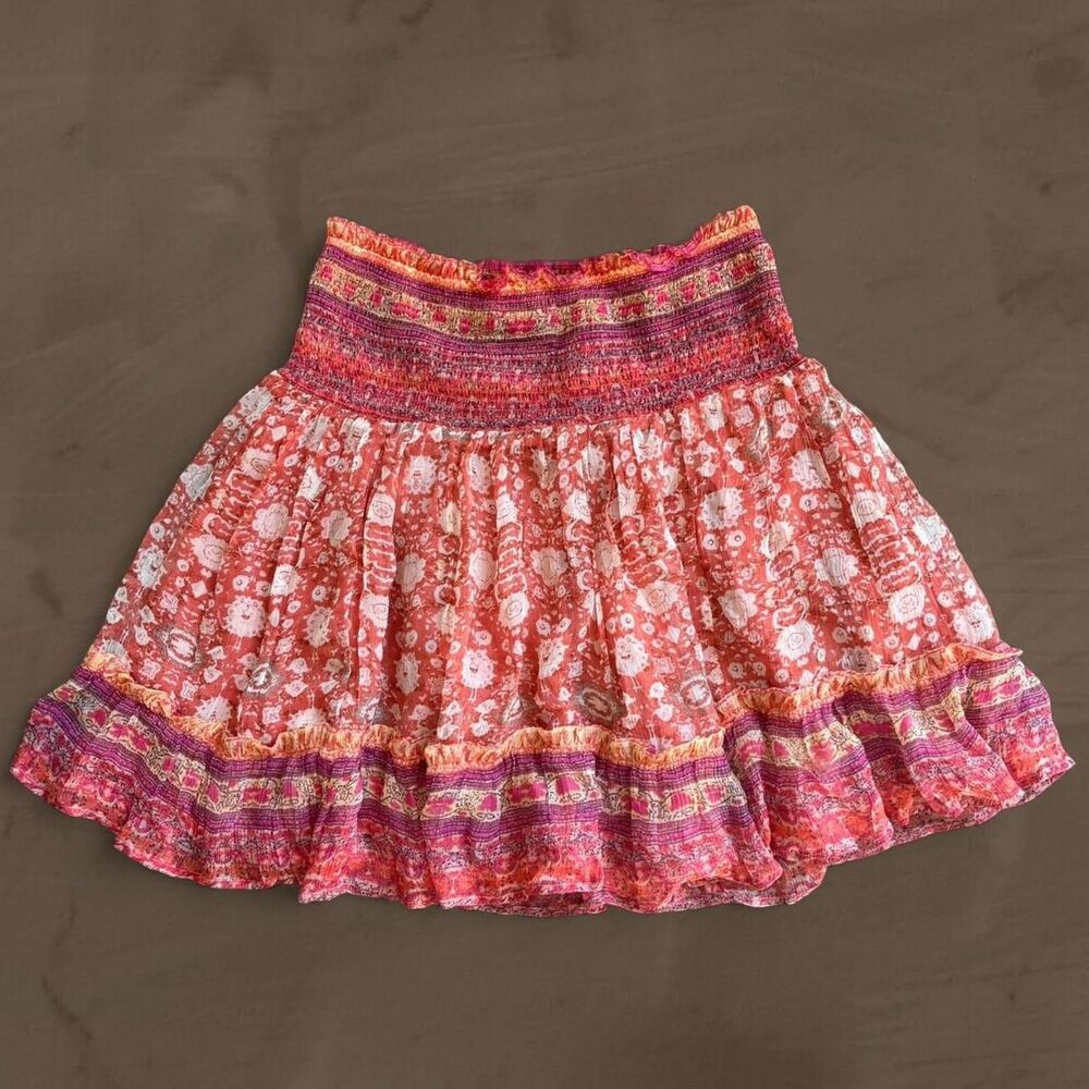 anthropologie floral mini skirt paisley smocked tiered printed size XS